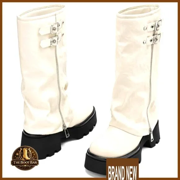 Knee High Boots Chunky Platform Moto Riding Slouchy Fold Over Wide Calf - Picture 5 of 6